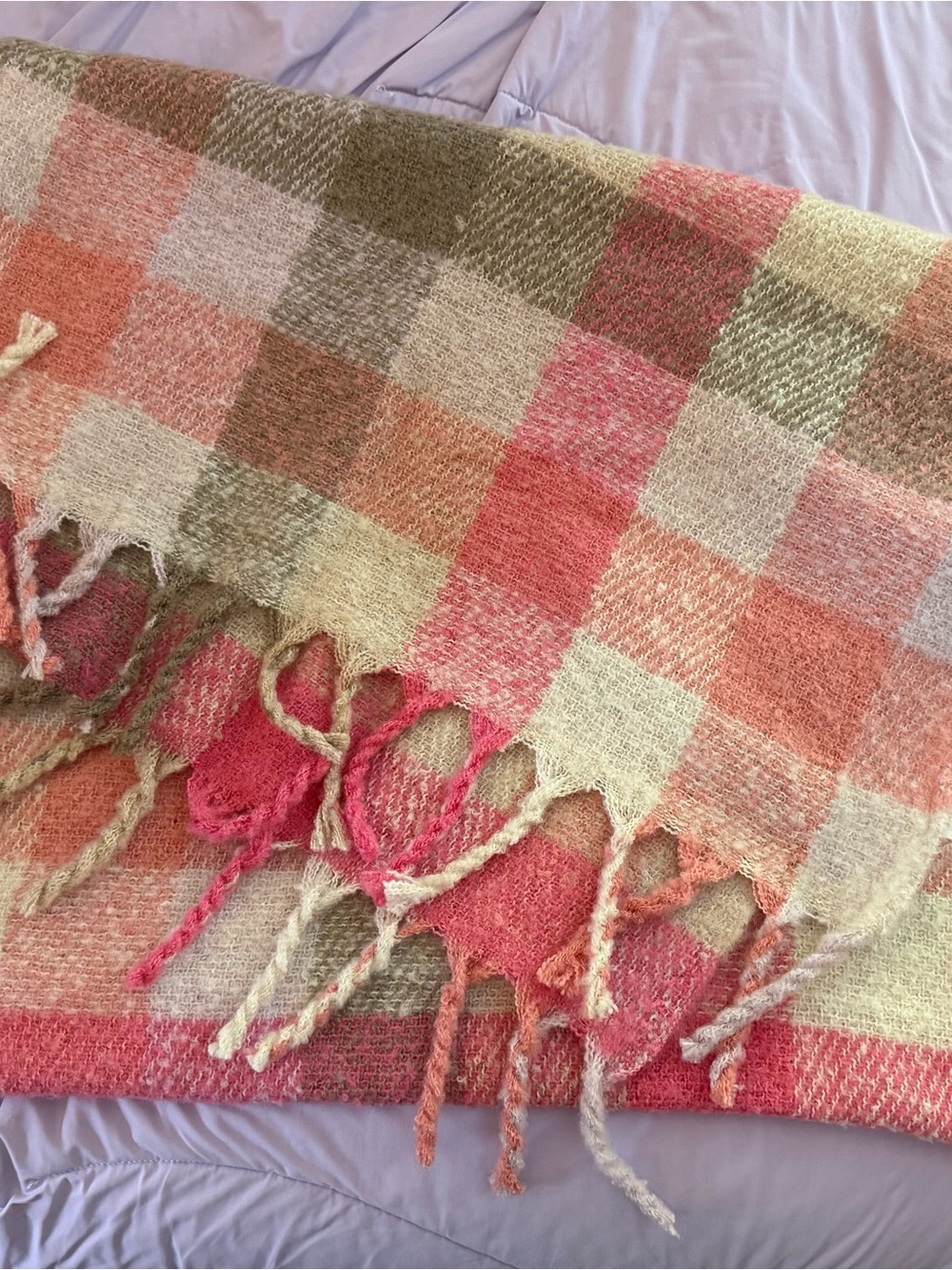 GAP Pink and Cream Plaid Fringe Scarf
